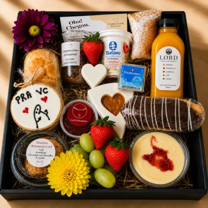 Cesta de café da manhã de aniversário com frutas e suco artesanal