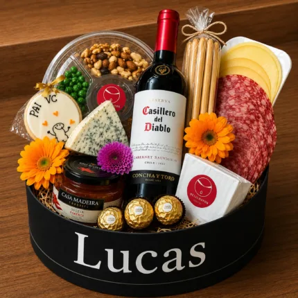 cesta com vinho e petiscos lord