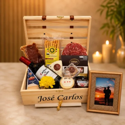 Cesta de Dia dos Pais premium com vinho Casillero del Diablo, queijos, salame, grissini, chocolates Ferrero Rocher, geleia e caixa de madeira personalizada.
