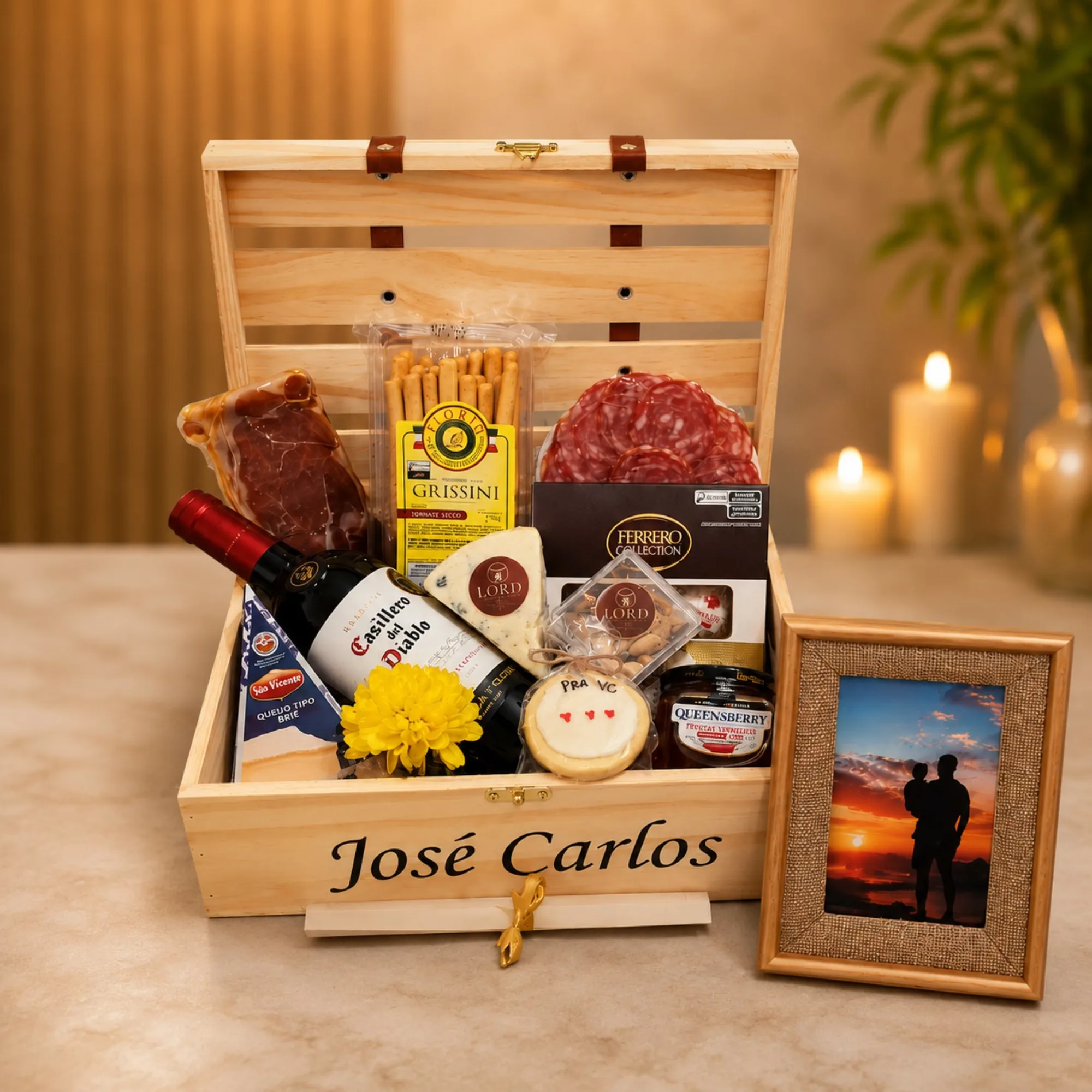 Cesta de Dia dos Pais premium com vinho Casillero del Diablo, queijos, salame, grissini, chocolates Ferrero Rocher, geleia e caixa de madeira personalizada.
