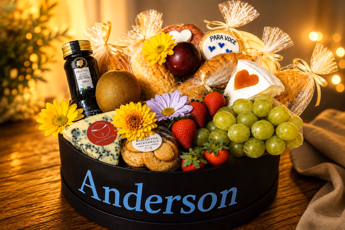 Cesta personalizada gourmet em caixa preta com queijos especiais, frutas frescas, flores, biscoitos artesanais e suco integral