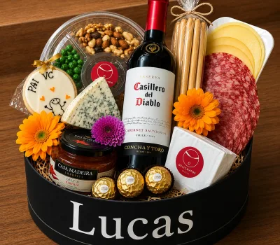 cesta com vinho e petiscos lord